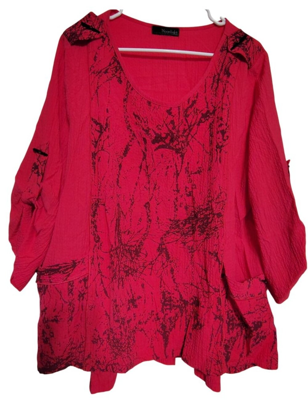 XL Moonlight Y&S Fashion Red Tunic Top Black Splatter Lagenlook Roll Tab Sleeve